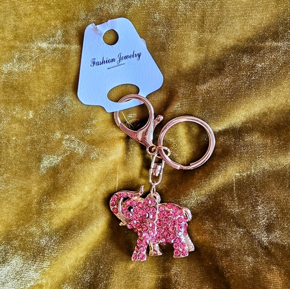 Pink & Gold Tone Rhinestones Elephant Charm Key Chain - Picture 2 of 5